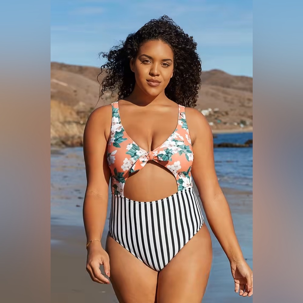 Cupshe 1X Floral and Striped Cutout Knotted Plus Size One Piece Swimsuit